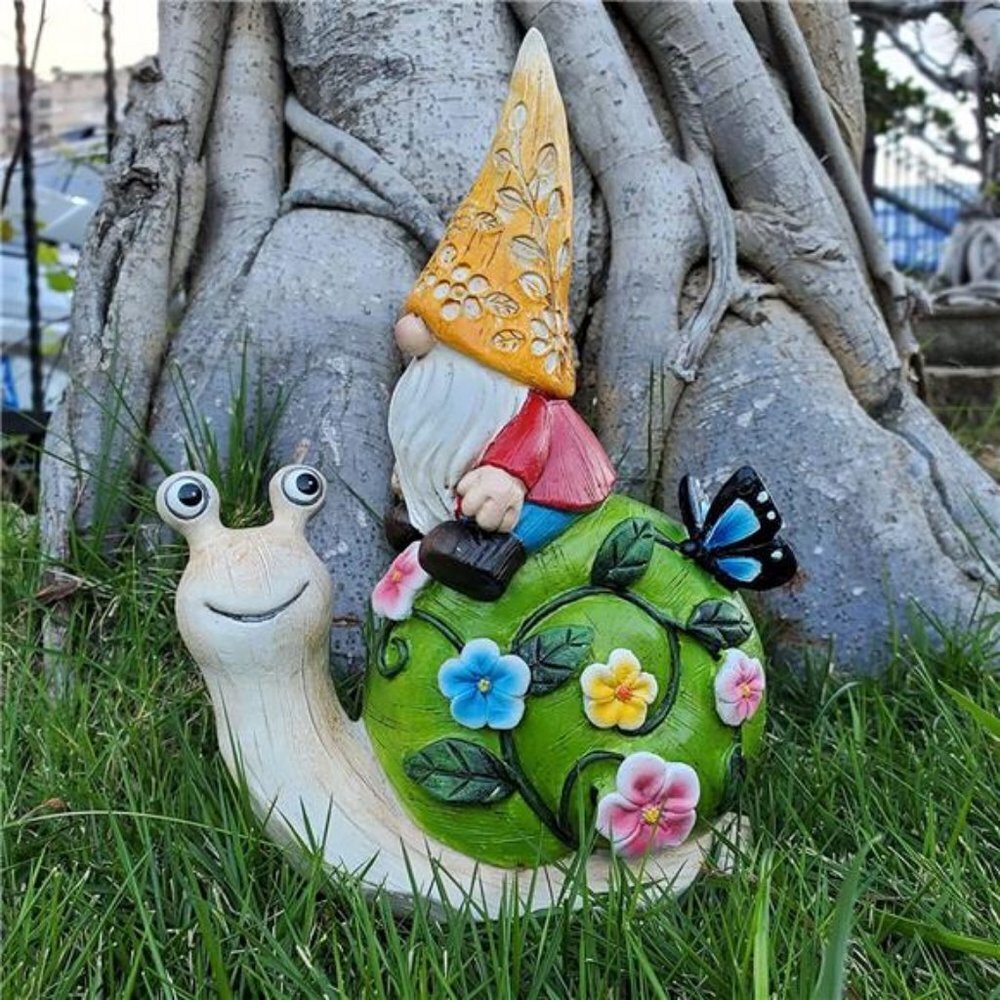 Cute Resin Gnome Figurine Sitting on Snail Garden Statue